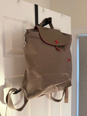 Longchamp Taupe Nylon Backpack with Red Trim